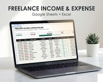 Frilansande inkomst- och utgiftsspårare | Google Sheets + Excel | Bokföring för egenföretagare | Vinstkalkylator | Skatteklar
