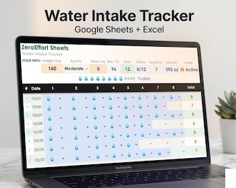 Kalkylblad för vattenintag | Google Sheets + Excel | Vätskespårare | Daglig vattenlogg | Personlig målräknare