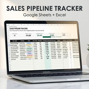 May include: A MacBook Pro laptop displays a sales pipeline tracker spreadsheet. The screen shows data including deal names, deal values, and probabilities. The text "SALES PIPELINE TRACKER" is at the top. A small succulent plant sits to the right.