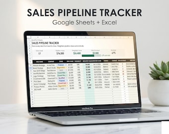 Kalkylblad för spårning av försäljningspipeline | Google Sheets + Excel | CRM-affärsspårning | Viktad prognos | Kontrollpanel för vinstfrekvens