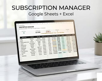 Kalkylblad för prenumerationshantering | Google Sheets + Excel | Månatlig kostnadsspårning | Förnyelseaviseringar | Avbryt och spara
