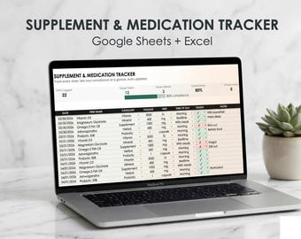 Kalkylblad för kosttillskott och medicinering | Google Sheets + Excel | Pillerlogg | Vitaminspårare | Instrumentpanel för dosöverensstämmelse
