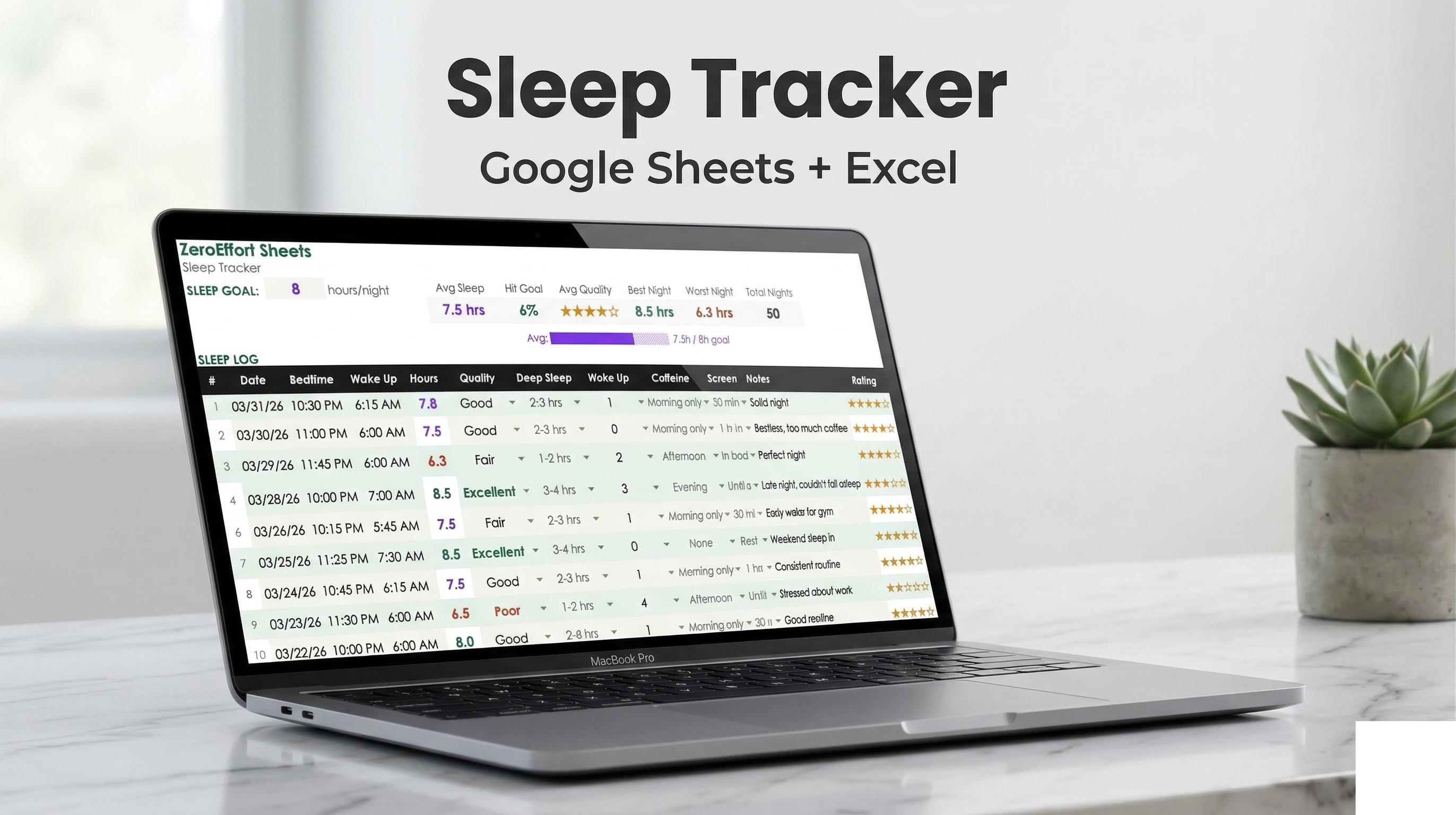 Sleep Tracker Spreadsheet | Google Sheets + Excel | Sleep Log Template ...