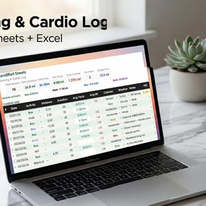 May include: A laptop displays a running and cardio log in a spreadsheet format. The screen shows data including distance, duration, and pace. The text "Running & Cardio Log" and "Google Sheets + Excel" are at the top. A small succulent in a white pot sits nearby.
