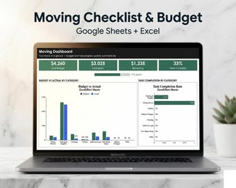 Flyttchecklista och budgetark | Google Sheets + Excel | Flyttplanerare, flyttspårare, flyttorganisatör, flyttchecklista