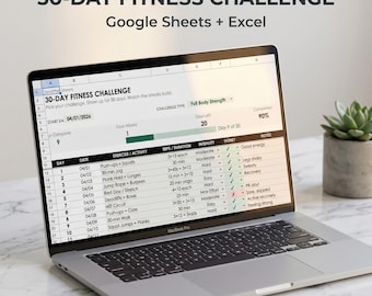 Kalkylblad för 30-dagars fitnessutmaning | Google Sheets + Excel | Träningsspårare | Daglig träningslogg | Träningsrepräknare