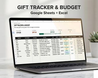 Presentspårning och budgetark | Google Sheets + Excel | Presentplanerare för högtider | Presentlista för födelsedagar | Shoppingorganisatör