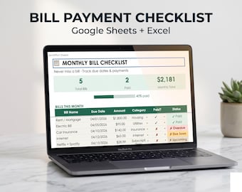 Kalkylblad för checklista för fakturabetalning | Månatlig fakturaspårning | Google Sheets + Excel