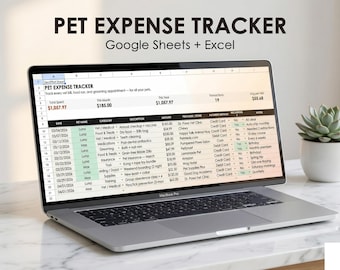 Kalkylblad för utgiftsspårning för husdjur | Google Sheets + Excel | Veterinärräkningar, mat, pälsvårdslogg | Flera husdjur | Budget för hund och katt