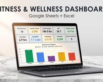 Kalkylblad för tränings- och välbefinnandeöversikt | Google Sheets + Excel | Träningslogg, kroppsspårning, sömn, vatten, humör