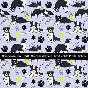 May include: Seamless pattern featuring black and white Border Collie dogs with tennis balls and paw prints on a light purple background. The dogs are in various playful poses. The text "Commercial Use PNG Seamless Pattern 3600 x 3600 Pixels 300dpi" is at the bottom.