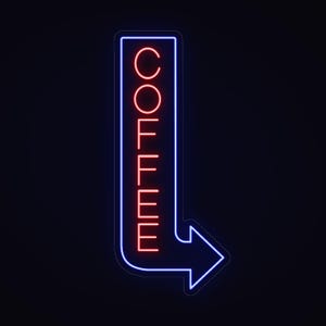 Pode incluir: Um letreiro de néon vertical com a palavra COFFEE em letras maiúsculas vermelho-brilhantes. O texto está contido numa moldura de néon azul retangular que se estende numa seta direcional apontada para a direita na base do letreiro.