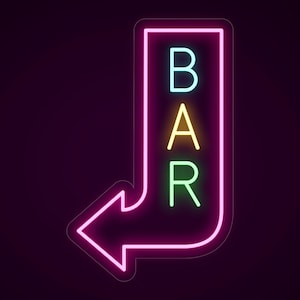 May include: A vertical neon sign shaped like an arrow pointing to the left. The outline of the arrow is bright pink. Inside the vertical section, the word BAR is displayed in stacked capital letters with B in light blue, A in yellow, and R in green.