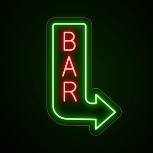 Pode incluir: Um letreiro de néon vertical com a palavra BAR em letras maiúsculas vermelhas brilhantes. O texto está contido dentro de uma borda de néon verde brilhante que se estende em uma forma de seta apontando para o canto inferior direito.
