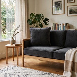 May include: A charcoal gray velvet sofa with a light wood frame, featuring a matching square throw pillow and a beige and white checkered throw blanket draped over the side, positioned next to a small round light wood side table.