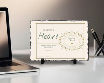Guard Your Heart Slate Desk Plaque with Stand, 7x11 Inch Botanical Stone Sign, Nurse Gift, Nurses Week