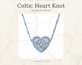 Celtic Heart Knot Necklace, Eternal Love Pendant, Irish Celtic Jewelry, Engraved Stainless Steel, Iridescent Black Silver Gold Rose Gold