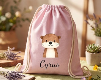 Personalized Animal Drawstring Bag, Custom Name Canvas Cinch Backpack, Kids Gym Bag