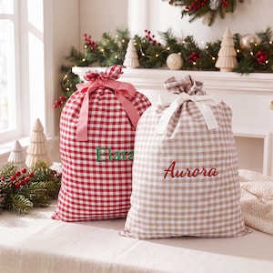 Saco navideño de cuadros vichy personalizado, bolsa de regalo de Papá Noel con nombre bordado a medida, bolsa de regalo de tela reutilizable, bolsa para calcetín navideño infantil personalizada