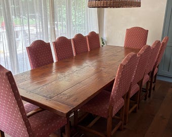 Handmade Burred Oak Refectory Dining Table and Ten Chairs