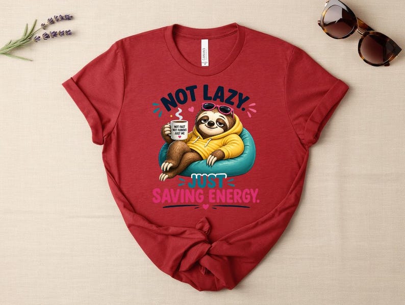 May include: Red t-shirt with the text "NOT LAZY, JUST SAVING ENERGY." The graphic features a cartoon sloth wearing sunglasses and a yellow hoodie, holding a mug. The sloth is sitting on a blue beanbag chair.