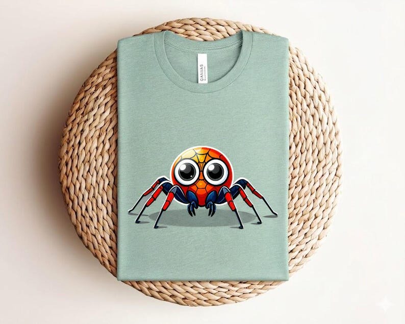 Pu&ograve; includere: T-shirt verde chiaro con un disegno di ragno dei cartoni animati. Il ragno ha una testa rossa, arancione e gialla con grandi occhi e zampe rosse e nere. La maglietta &egrave; piegata su una superficie tessuta.