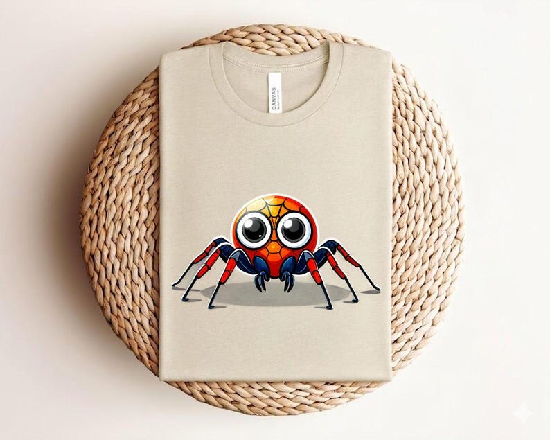Pu&ograve; includere: Una maglietta beige con un design a ragno a cartoni animati colorato. Il ragno ha un corpo rotondo con sfumature rosse, arancioni e gialle, occhi grandi e zampe rosse e nere. La maglietta &egrave; piegata su una superficie tessuta.