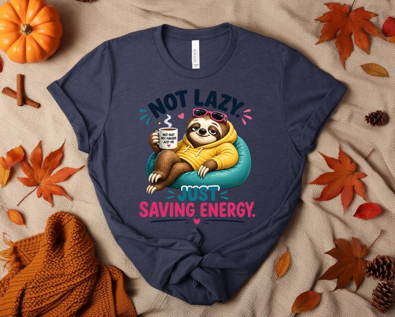 May include: Navy blue t-shirt featuring a cartoon sloth in sunglasses and a yellow hoodie, holding a coffee mug. The text on the shirt says "NOT LAZY, JUST SAVING ENERGY."
