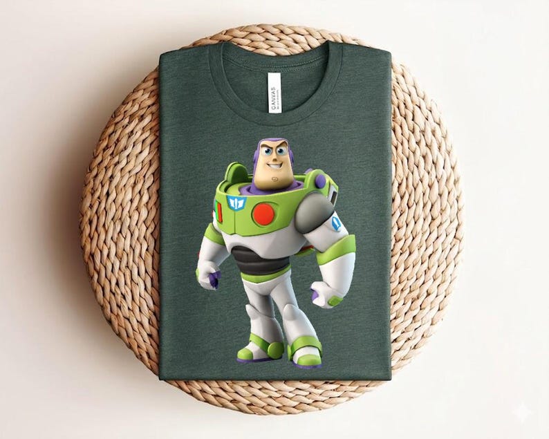 May include: Dark green t-shirt featuring a colorful graphic of Buzz Lightyear from Toy Story. The character is depicted in his signature space ranger suit with white, green, and purple accents. The shirt is displayed on a woven, circular surface.