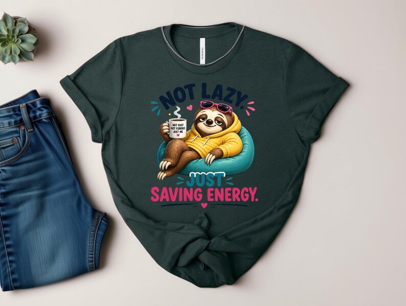 May include: Dark green t-shirt with a cartoon sloth wearing sunglasses and a yellow hoodie, relaxing on a blue beanbag chair. The shirt has the text "NOT LAZY JUST SAVING ENERGY" and a coffee cup graphic.