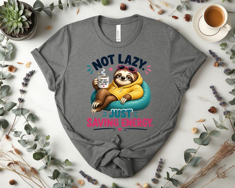 May include: Grey t-shirt featuring a cartoon sloth in sunglasses and a yellow hoodie, holding a coffee cup. The text says "NOT LAZY. JUST SAVING ENERGY."