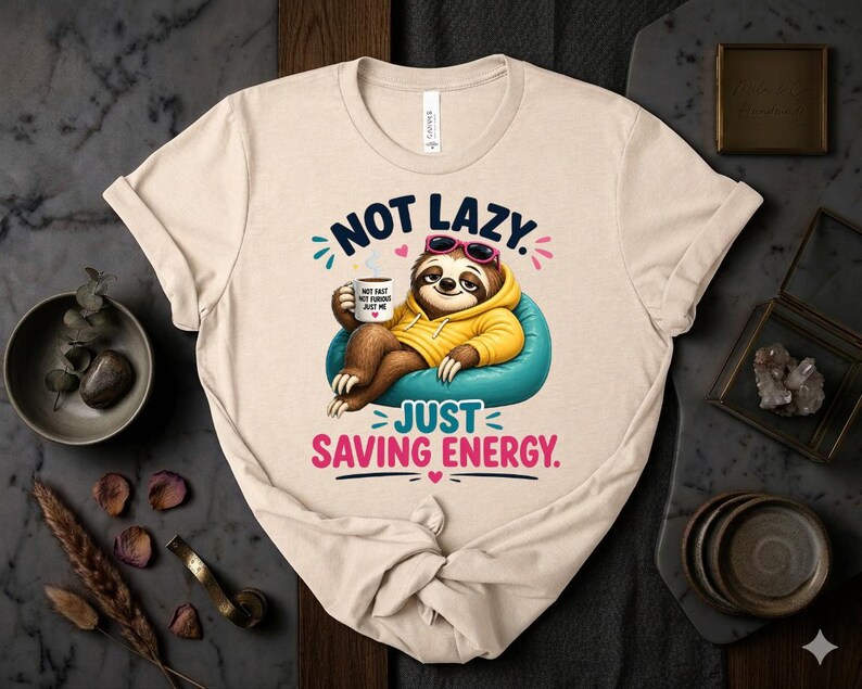 May include: Beige t-shirt with a cartoon sloth wearing sunglasses and a yellow hoodie, relaxing on a blue beanbag chair. The text reads "NOT LAZY. JUST SAVING ENERGY." The sloth holds a mug that says "NOT FAST, NOT FURIOUS, JUST ME."