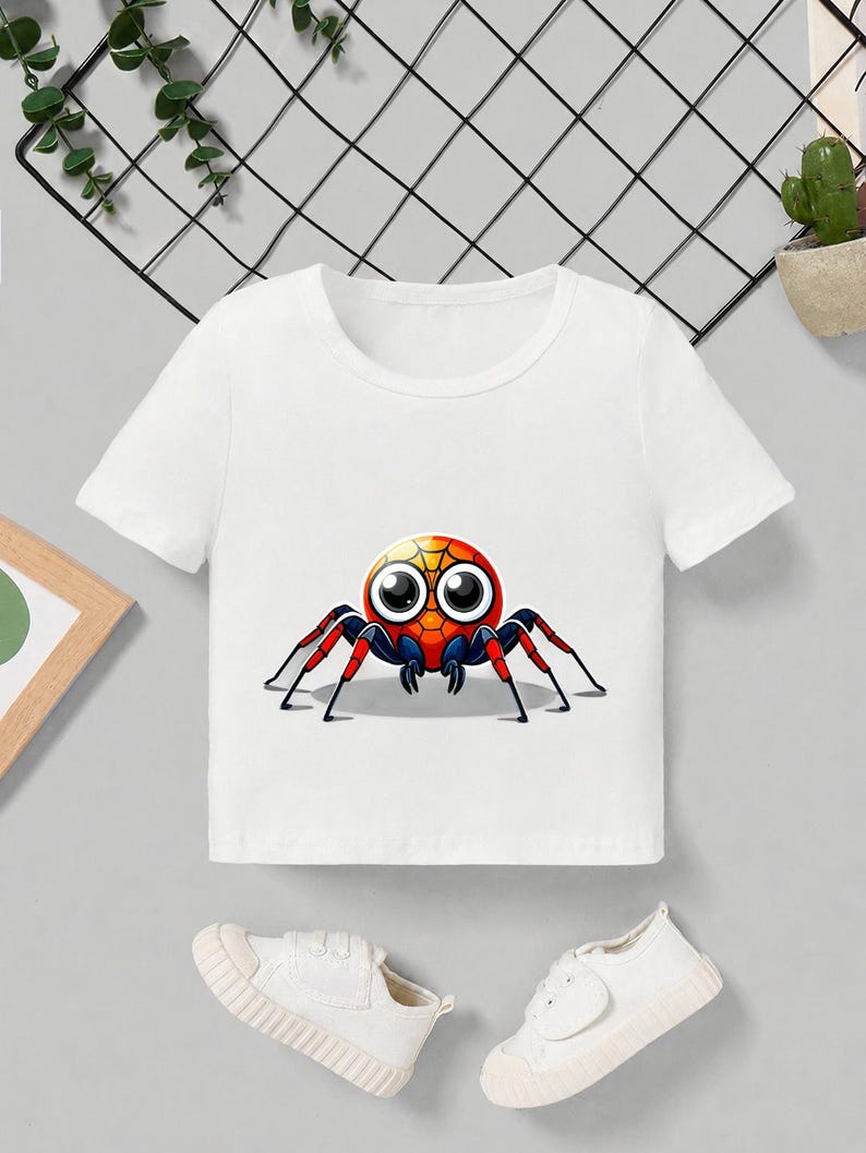 Pu&ograve; includere: T-shirt bianca a maniche corte con una grafica di ragno dei cartoni animati. Il ragno ha un corpo rosso, arancione e giallo con grandi occhi e zampe nere e rosse. Un paio di scarpe da ginnastica bianche sono nella parte inferiore dell'immagine.