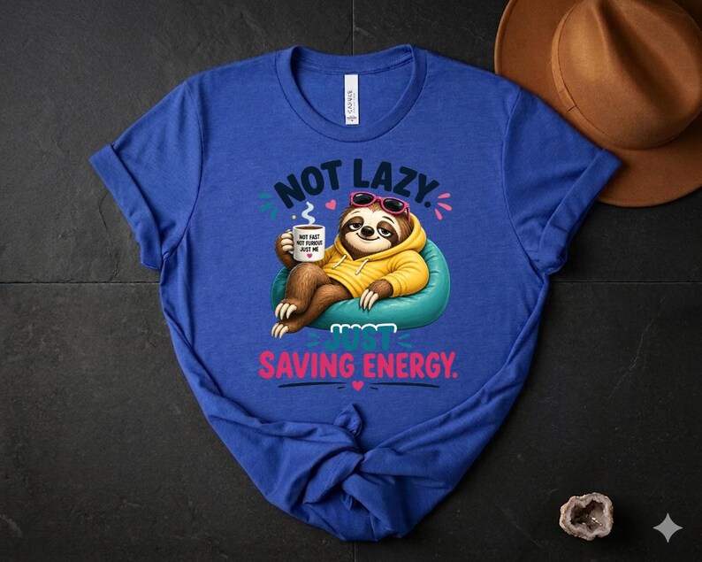 May include: Royal blue t-shirt featuring a cartoon sloth in sunglasses and a yellow hoodie, holding a coffee cup. The text on the shirt says "Not Lazy, Just Saving Energy." The sloth is on a teal beanbag chair.