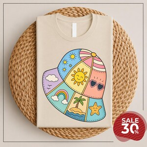 Summer Vacation Tee, Retro Beach T shirt, Cute Patchwork Hat, Pastel Aesthetic Shirt, Sun and Rainbow Tee, Trendy Summer Outfit