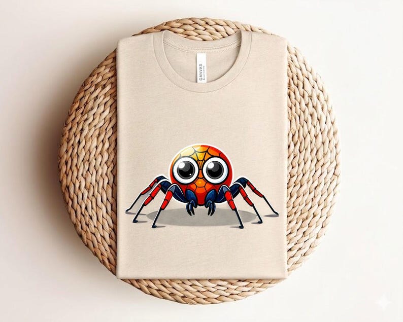 Pu&ograve; includere: T-shirt beige con un design a ragno a cartoni animati colorato. Il ragno ha un corpo rotondo con sfumature gialle, arancioni e rosse, grandi occhi e zampe rosse e blu. La maglietta &egrave; piegata su una superficie tessuta.