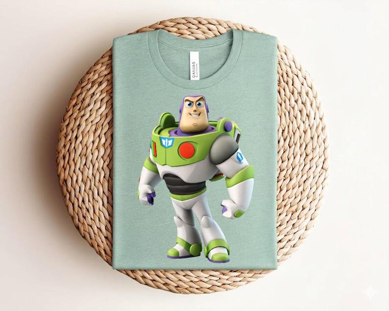 May include: A light green t-shirt featuring a colorful graphic of Buzz Lightyear from Toy Story. The character is depicted in his signature space ranger suit with green, white, and purple accents. The shirt is folded on a woven, circular surface.