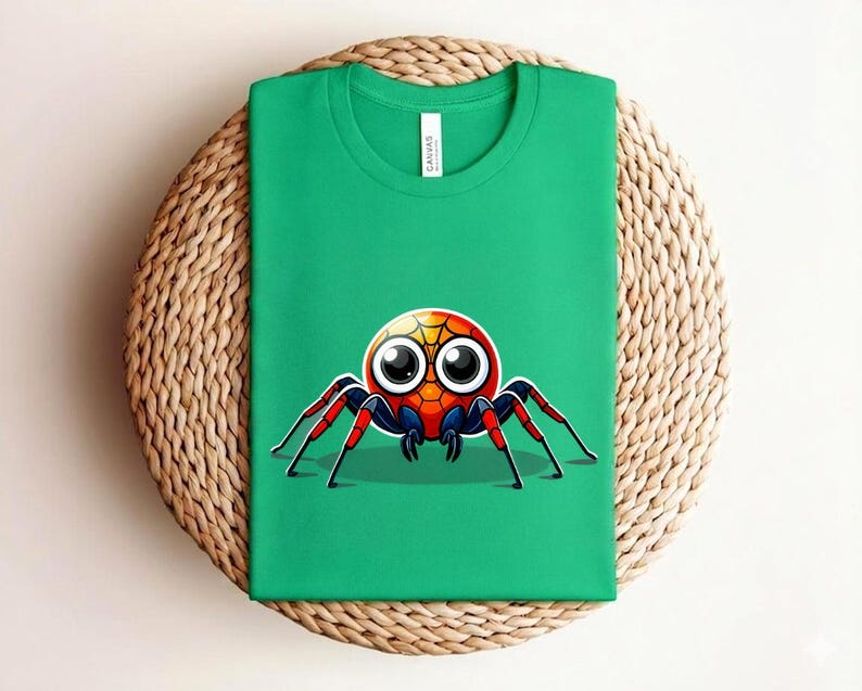 Pu&ograve; includere: Una maglietta verde con un disegno di ragno dei cartoni animati. Il ragno ha una testa rotonda con grandi occhi, un corpo rosso e blu e zampe rosse e nere. La maglietta &egrave; appoggiata su una superficie circolare intrecciata.