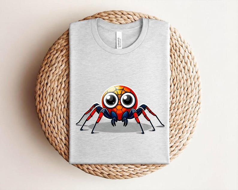 Pu&ograve; includere: T-shirt grigio chiaro con un design di ragno dei cartoni animati colorato. Il ragno ha un corpo rotondo con sfumature gialle, arancioni e rosse, grandi occhi e zampe rosse e nere. La maglietta &egrave; piegata.