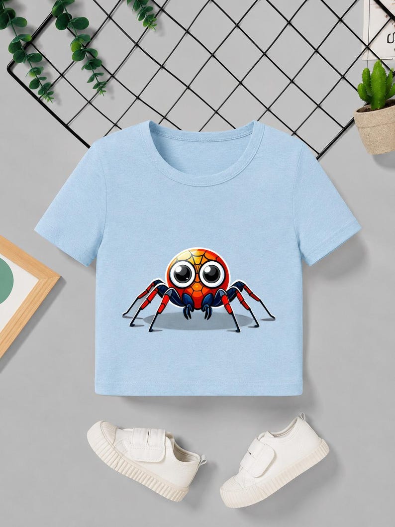 Pu&ograve; includere: T-shirt azzurra con un disegno di ragno dei cartoni animati. Il ragno ha un corpo colorato, grandi occhi e zampe nere. La maglietta a maniche corte &egrave; realizzata in materiale morbido. Adatta ai bambini.