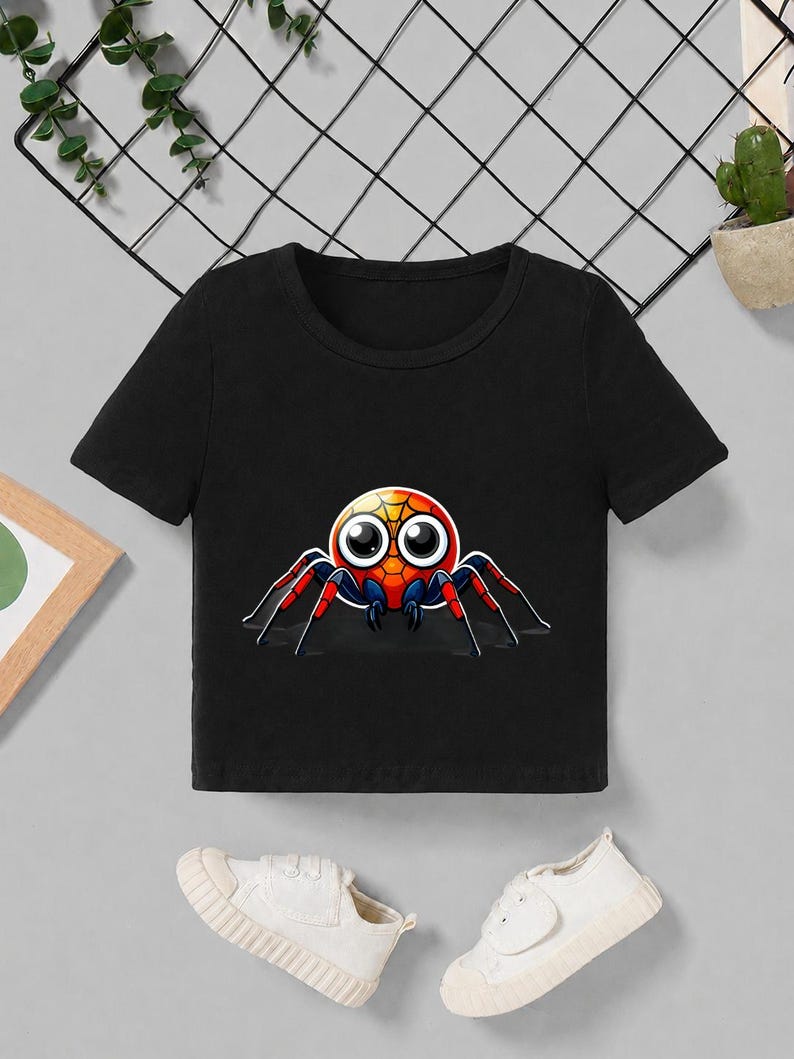 Pu&ograve; includere: Top corto nero con una grafica di ragno dei cartoni animati colorata. Il ragno ha un corpo rotondo con dettagli rossi, gialli e arancioni, grandi occhi e zampe rosse e nere. La maglietta &egrave; abbinata a scarpe di tela bianche.
