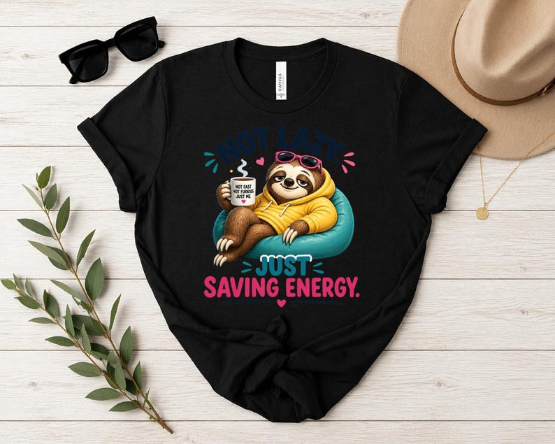 May include: Black t-shirt with a cartoon sloth wearing sunglasses and a yellow hoodie, holding a coffee mug. The text on the shirt reads "NOT LAZY JUST SAVING ENERGY."