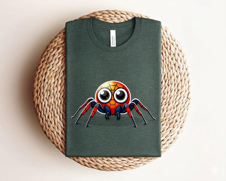 Pu&ograve; includere: T-shirt verde scuro con un disegno di ragno cartoon colorato. Il ragno ha grandi occhi e dettagli rossi, blu e gialli. La maglietta &egrave; piegata su una superficie intrecciata.