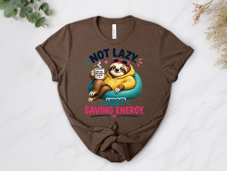 May include: Brown t-shirt with a cartoon sloth wearing sunglasses and a yellow hoodie, relaxing on a blue beanbag chair. The text reads "Not lazy, just saving energy." The sloth is holding a mug.