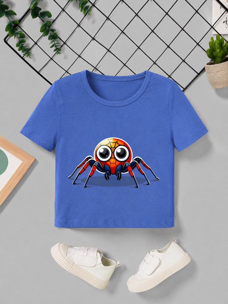 Pu&ograve; includere: Una maglietta blu a maniche corte con un disegno di ragno dei cartoni animati. Il ragno ha un corpo rosso e arancione, grandi occhi bianchi e zampe nere. La maglietta &egrave; realizzata in materiale morbido ed &egrave; adatta ai bambini.