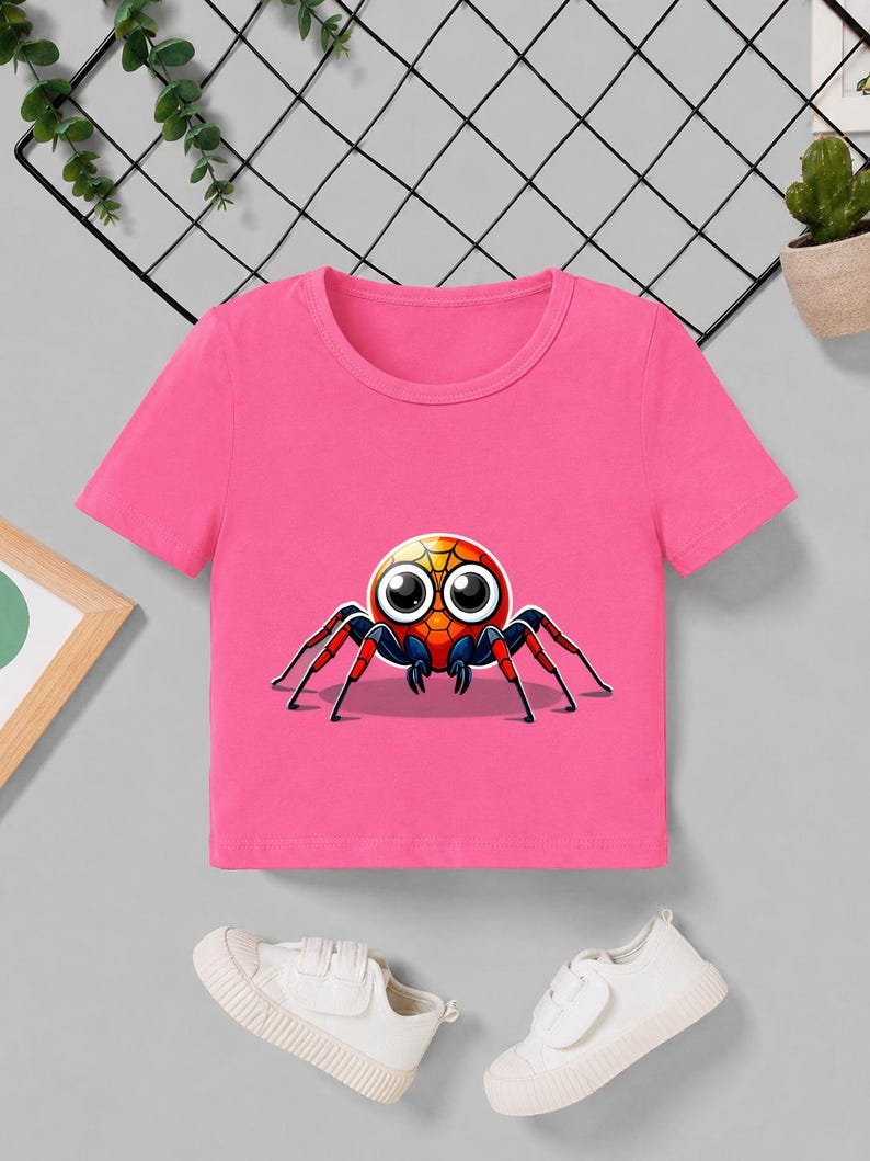Pu&ograve; includere: Una maglietta rosa acceso con un disegno di ragno dei cartoni animati. Il ragno ha una testa rossa, arancione e gialla, grandi occhi e zampe rosse. Scarpe da ginnastica bianche in primo piano.