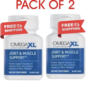 May include: Two white bottles of OmegaXL dietary supplement for joint and muscle support. Each bottle has a blue label with white text and a red banner that says "FREE SHIPPING". The bottles contain 60 soft gels.