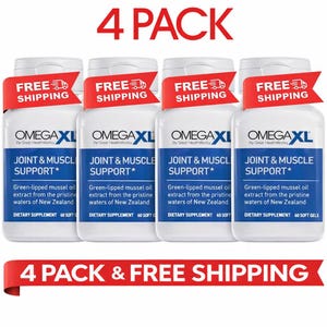 May include: Four white supplement bottles with blue and white labels, each with a red banner that reads "FREE SHIPPING." The labels say "OMEGA XL" and "JOINT & MUSCLE SUPPORT." The text "4 PACK" is at the top.