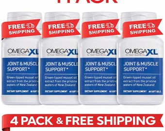 4 PACK Omega XL Joint Support Supplement Relief Natural Muscle Support Green Lipped Mussel Oil Soft Gel Pills Drug Free 60 Count 4 Bottles