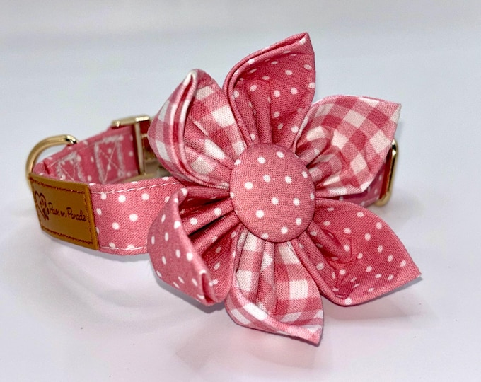 Paws On Parade Pink Gingham Polka Dot Flower Collar With Removable Bow